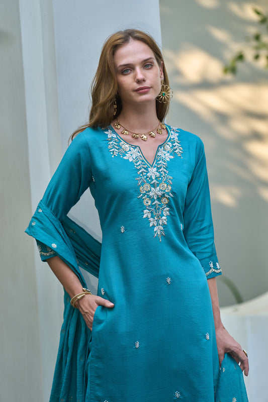 Teal Blue Kurta with Floral Embroidery, Fitted Trouser & Chanderi Jcard Dupatta