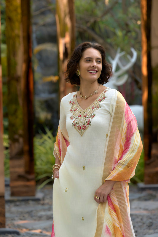 White Kurta with Floral Embroidery, Fitted Trouser & Chanderi Jcard Dupatta