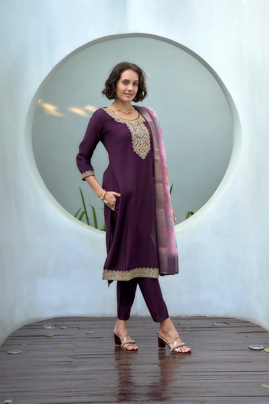 Wine Whisper Embroidered Kurta with Trouser & Printed Dreamscape Dupatta
