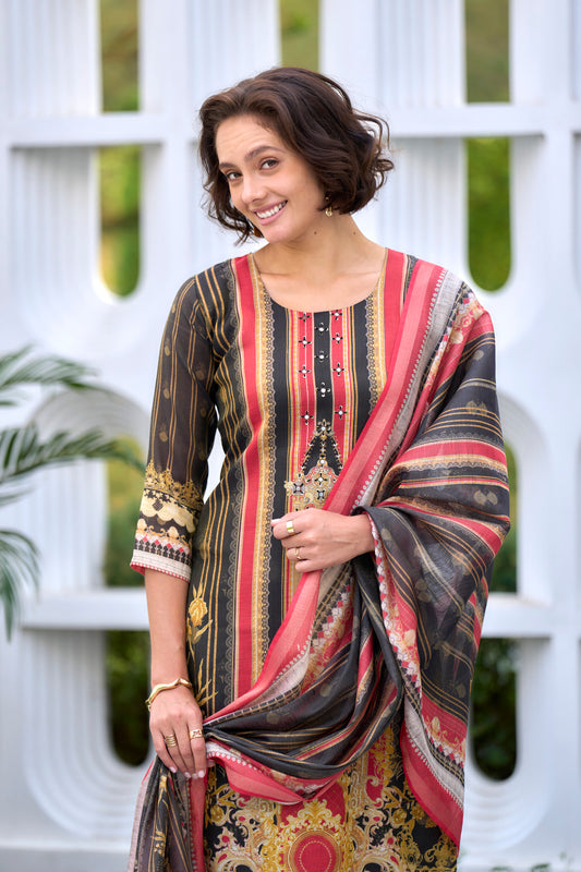 Black Ruby Silk Blend Kurta Set with Trouser & Elegant Dupatta
