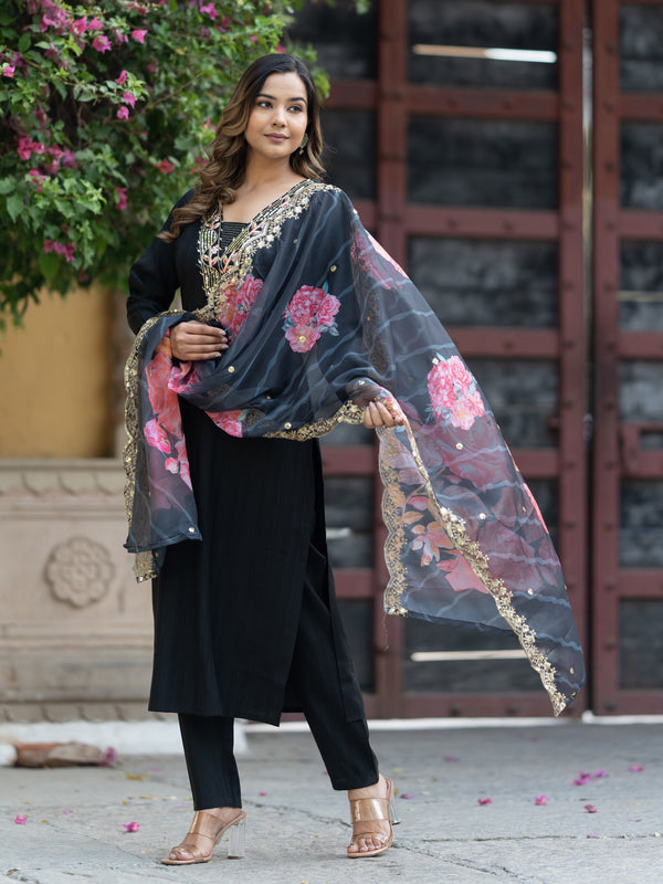 Aspora Black Art Silk Floral Embroidered Straight Kurta With Trouser & Dupatta(TS-KS-446-Black)