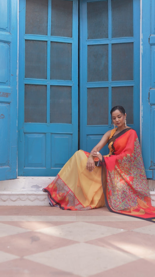 Aspora Women's Yellow & Red Poly Georgette Floral Printed Saree With Blouse Piece (SR-BL-O15-Yellow_Red)