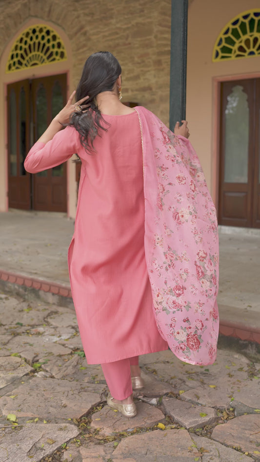 Peach Pink Color Women Embroidered Kurta Trouser Set with Printed Dupatta