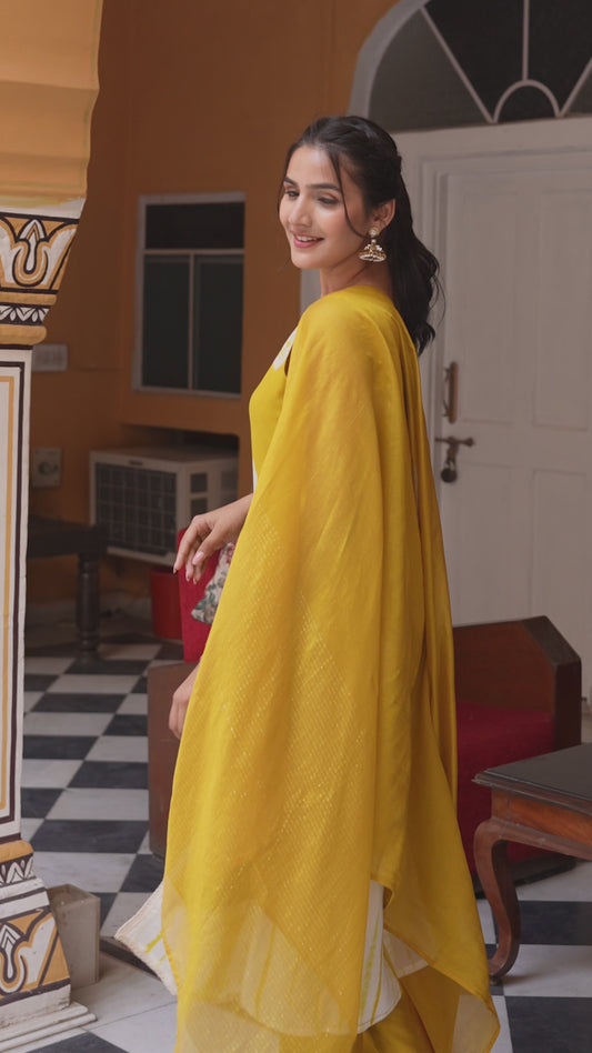 Aspora Yellow Pure Silk Shibori Printed Straight Kurta With Trousers & Dupatta