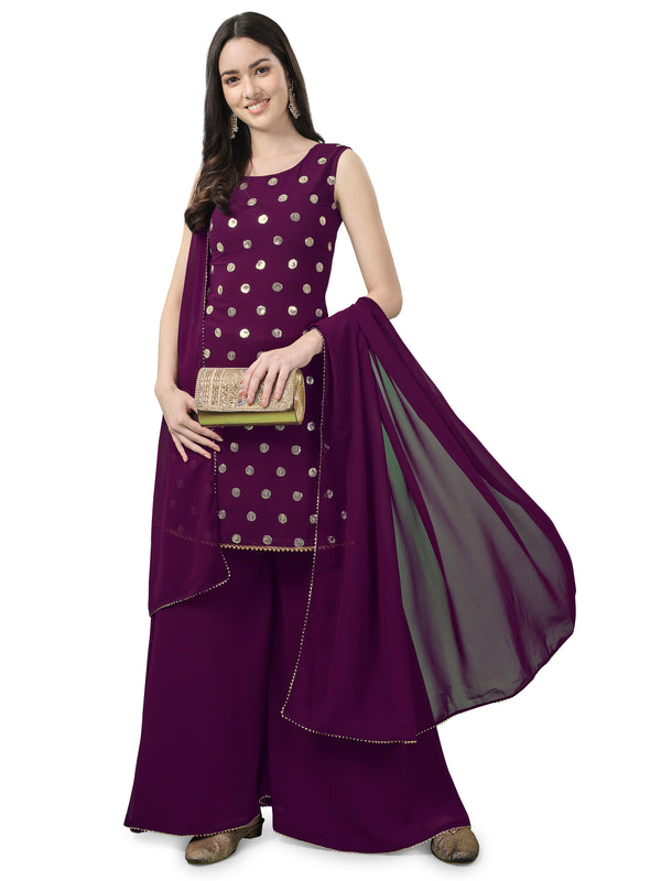 Women Black Ethnic Motifs Embroidered Sequinned Kurti with Sharara & With Dupatta(KS-CT-1000Buti-FS_03-Wine)