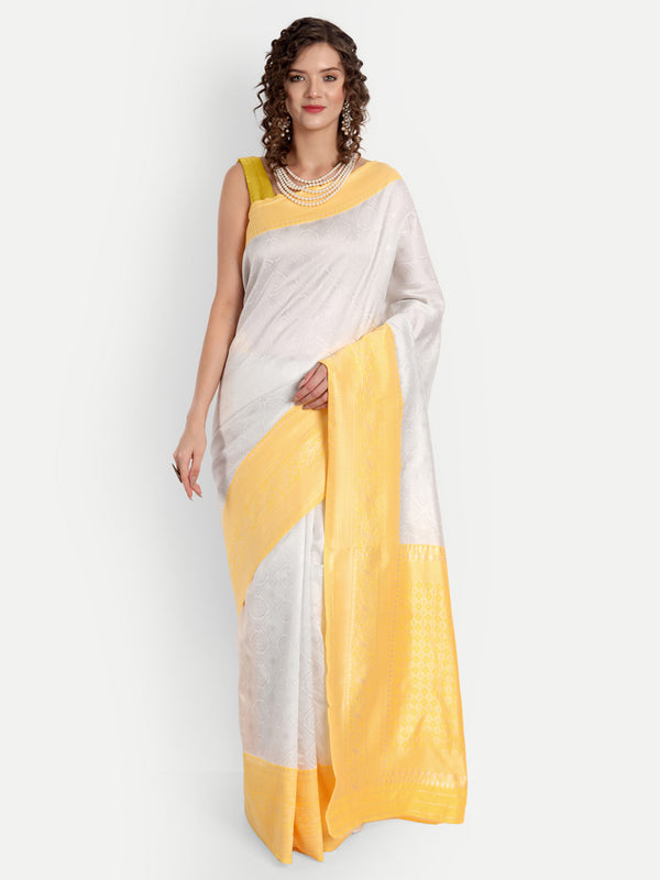 Aspora Women's Banarasi Art Silk with Blouse Piece (Wedding Saree D259_White Yellow)