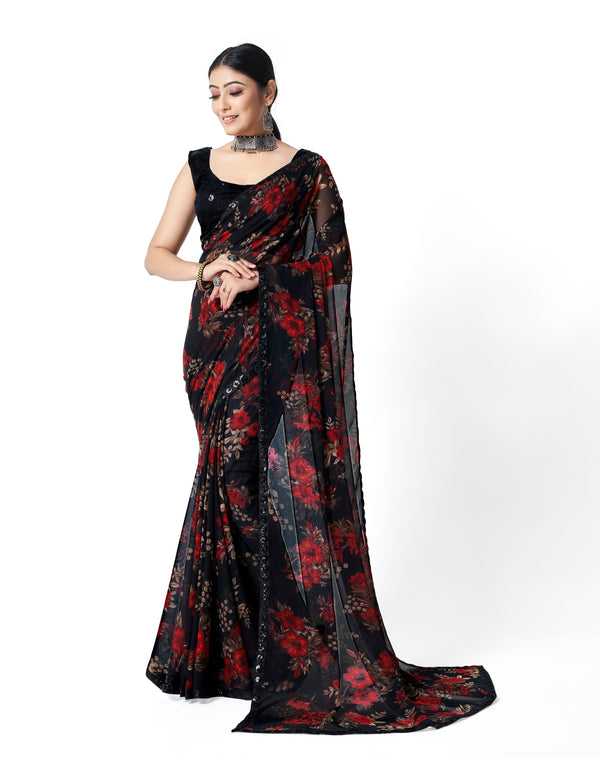 Aspora Women's Black & Pink Floral Pure Georgette Saree(BlackBerry-Saree)