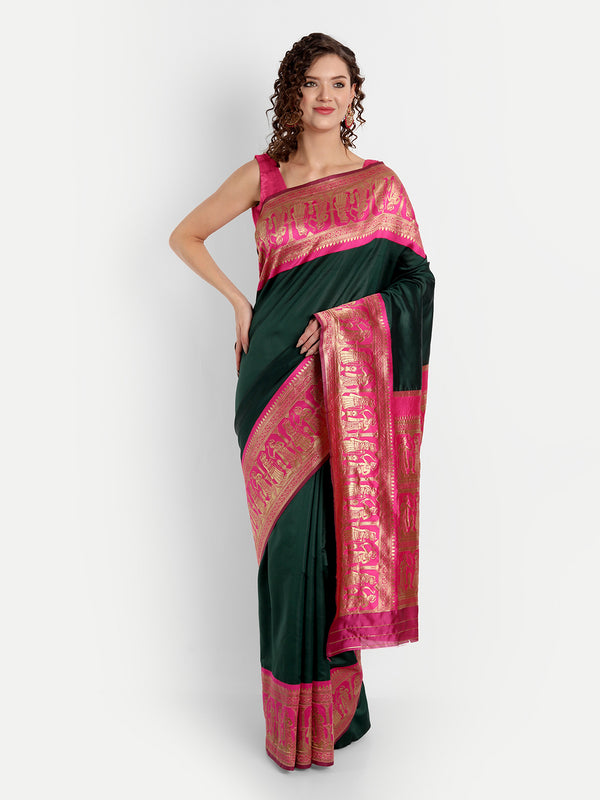 Aspora Women's Banarasi Art Silk with Blouse Piece (Wedding Saree D181_Green Pink)