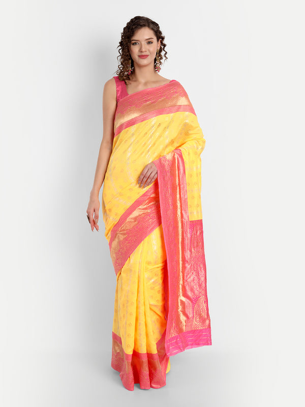 Aspora Women's Banarasi Art Silk with Blouse Piece (Wedding Saree D154_Yellow Pink)