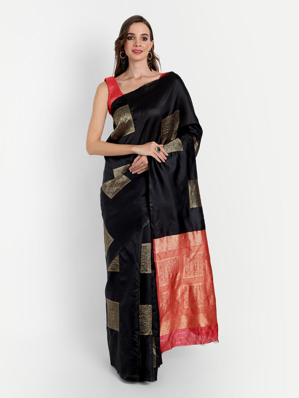 Aspora Women's Banarasi Art Silk with Blouse Piece (Wedding Saree D182_Black Red)