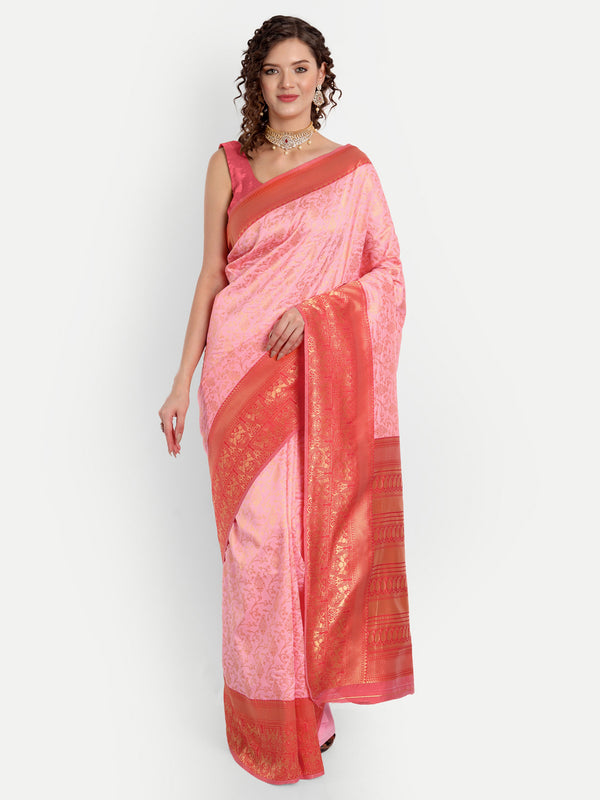 Aspora Women's Banarasi Art Silk with Blouse Piece (Wedding Saree D199_BabyPink Red)