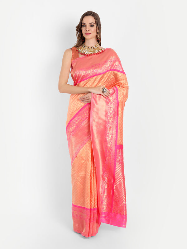 Aspora Women's Banarasi Art Silk with Blouse Piece (Wedding Saree D173_Orange Pink)