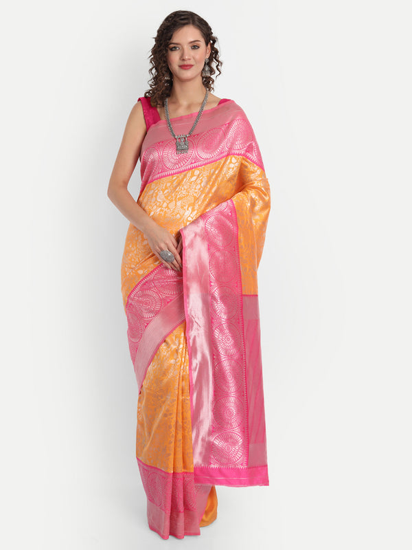 Aspora Women's Banarasi Art Silk with Blouse Piece (Wedding Saree D196_Mustard Pink)