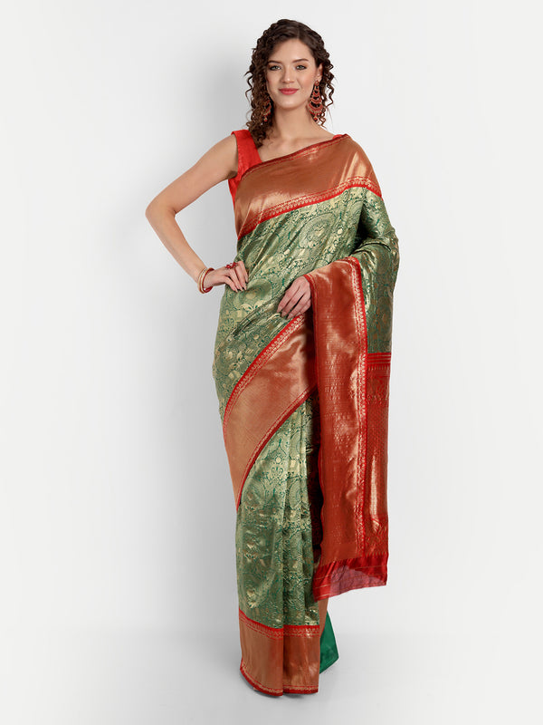 Aspora Women's Banarasi Art Silk with Blouse Piece (Wedding Saree D155_Green Red)