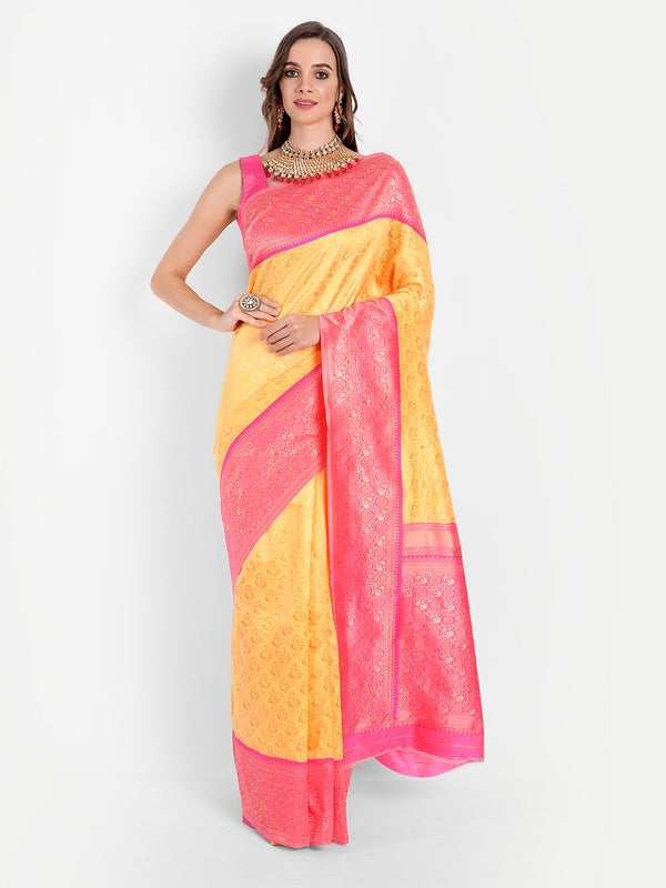 Aspora Women's Banarasi Art Silk with Blouse Piece (Wedding Saree D156_Yellow Pink)