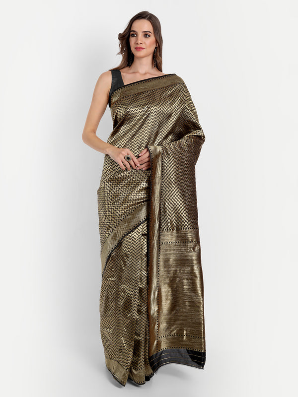 Aspora Women's Banarasi Art Silk with Blouse Piece (Wedding Saree D159_Black Gold)