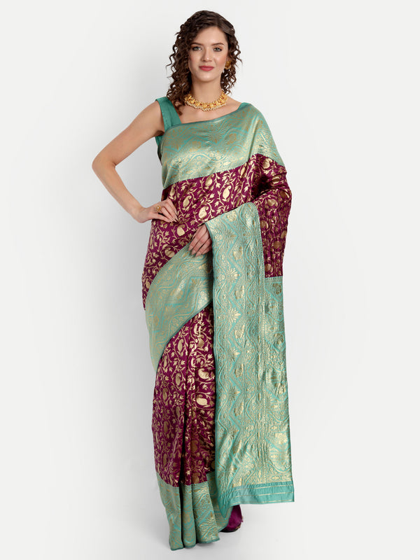 Aspora Women's Banarasi Art Silk with Blouse Piece (Wedding Saree D257_Wine Pista)