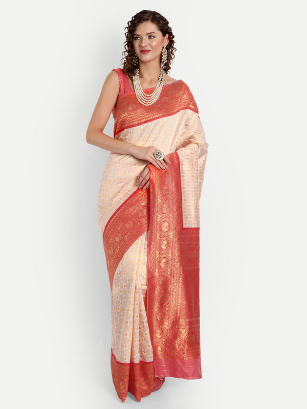 Aspora Women's Banarasi Art Silk with Blouse Piece (Wedding Saree D147_Beige Red)