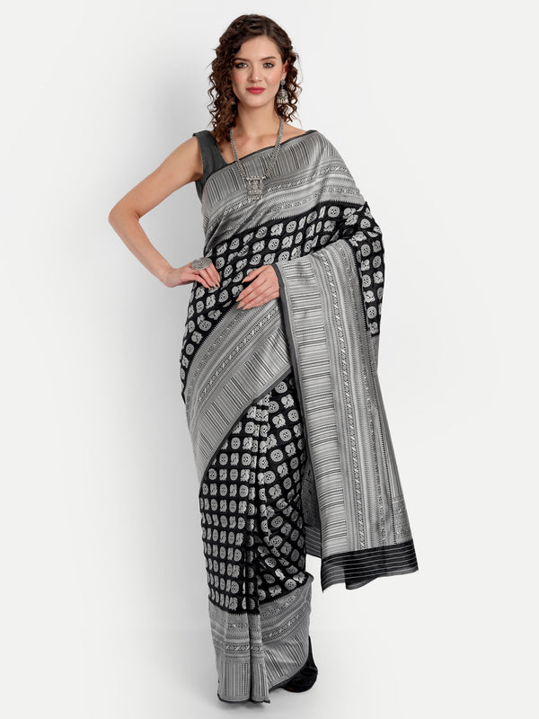 Aspora Women's Banarasi Art Silk with Blouse Piece (Wedding Saree D153_Black Grey)