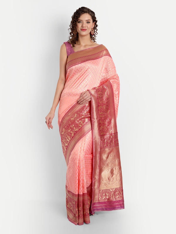 Aspora Women's Banarasi Art Silk with Blouse Piece (Wedding Saree D202_Peach Red)