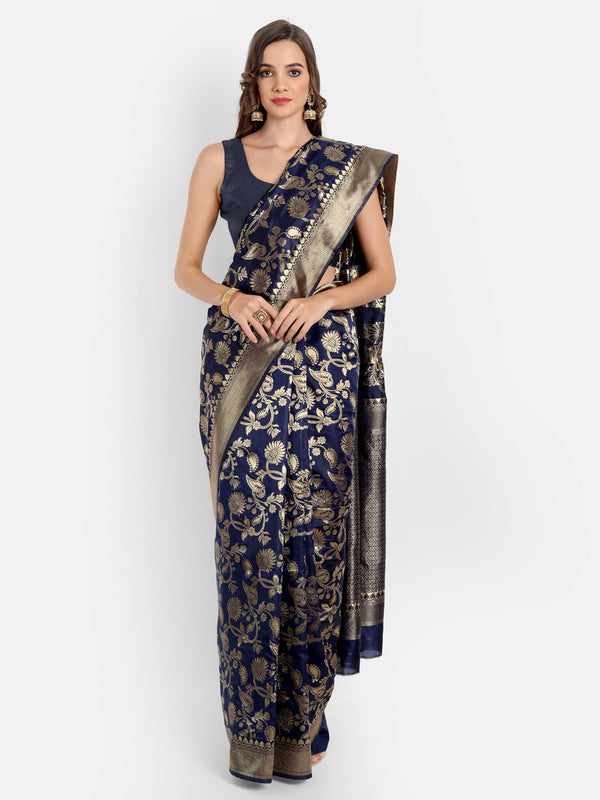 Aspora Women's Banarasi Art Silk with Blouse Piece (Wedding Saree D185_Navy)