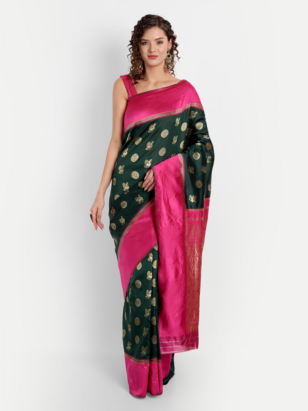 Aspora Women's Banarasi Art Silk with Blouse Piece (Wedding Saree D229_Green Pink)