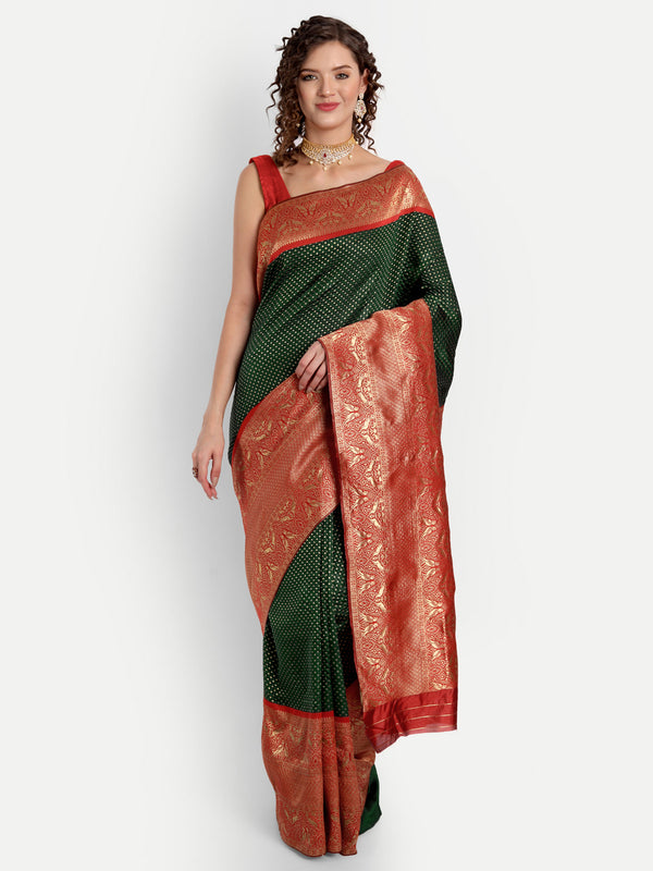 Aspora Women's Banarasi Art Silk with Blouse Piece (Wedding Saree D180_Green Red)