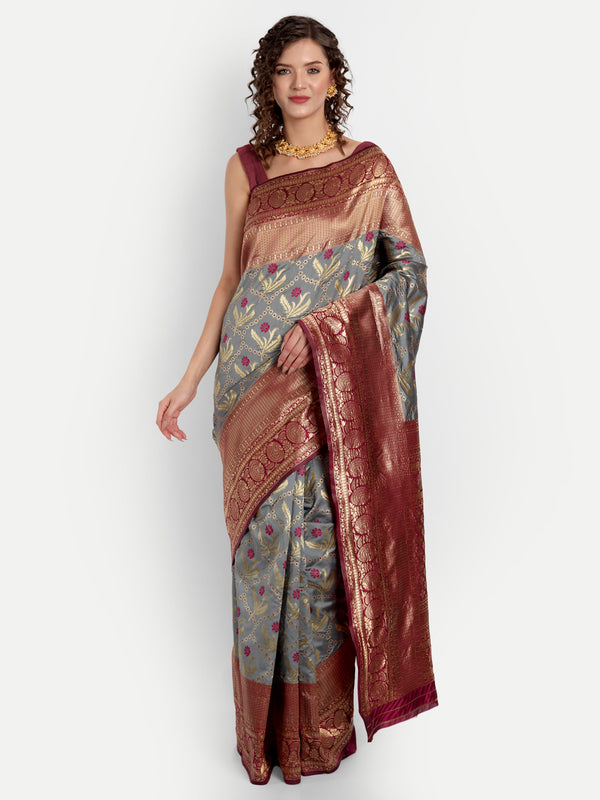 Aspora Women's Banarasi Art Silk with Blouse Piece (Wedding Saree D258_Grey Maroon)