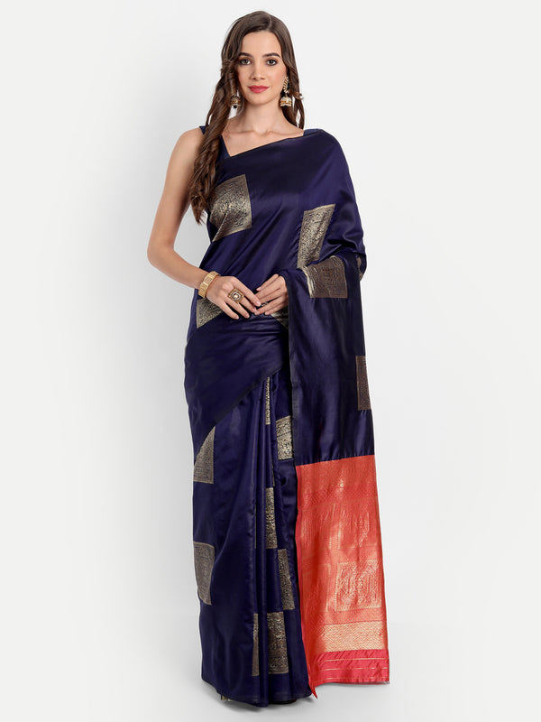 Aspora Women's Banarasi Art Silk with Blouse Piece (Wedding Saree D157_Navy Orange)