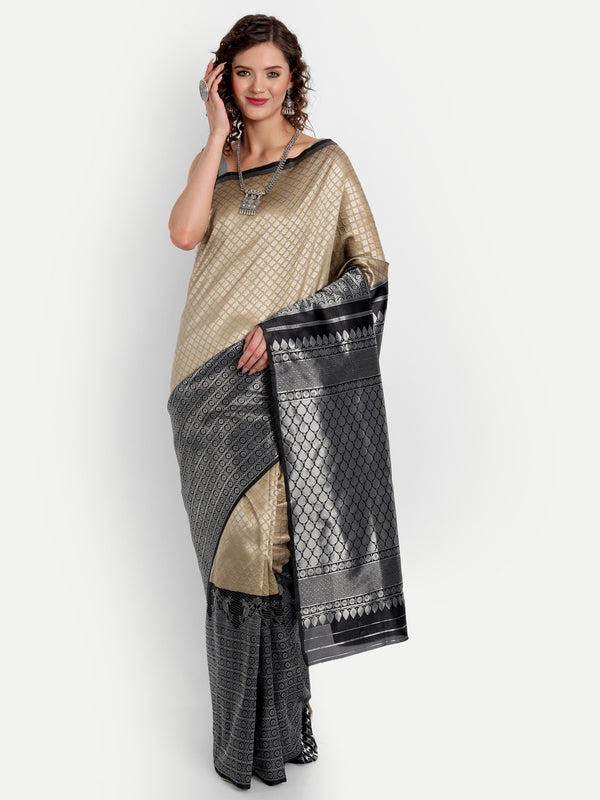 Aspora Women's Banarasi Art Silk with Blouse Piece (Wedding Saree D223_Beige Black)