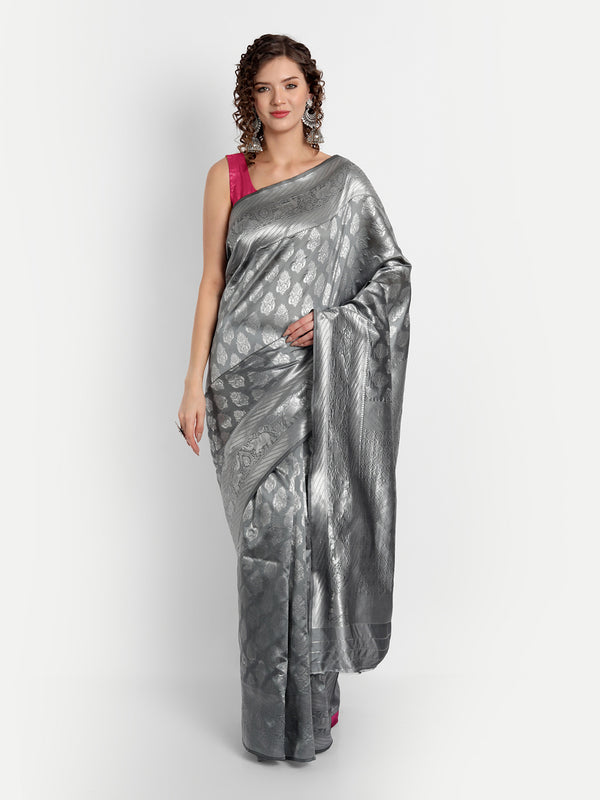 Aspora Women's Banarasi Art Silk with Blouse Piece (Wedding Saree D176_Grey)