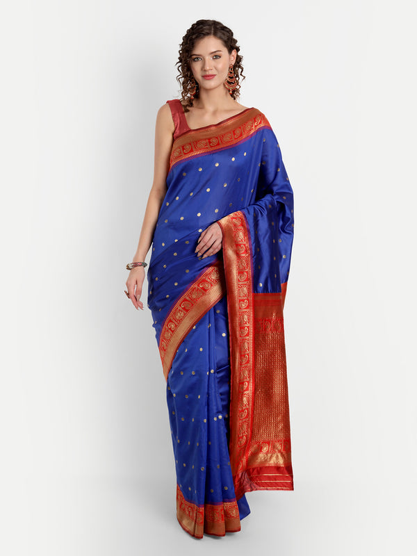 Aspora Women's Banarasi Art Silk with Blouse Piece (Wedding Saree D201_Blue Red)