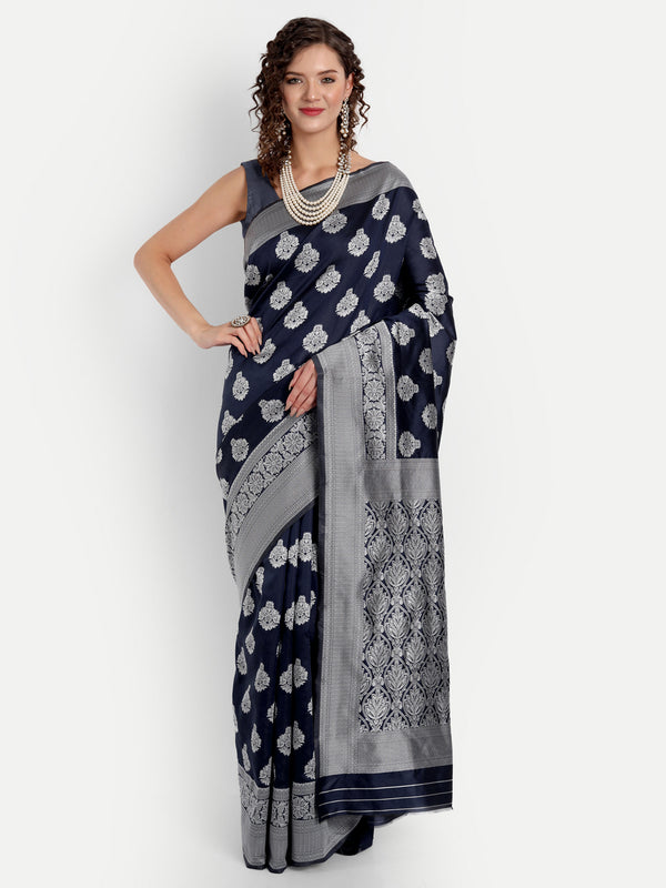 Aspora Women's Banarasi Art Silk with Blouse Piece (Wedding Saree D194_Navy)