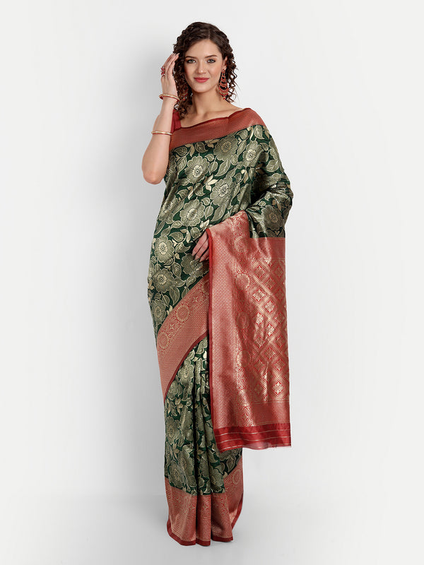 Aspora Women's Banarasi Art Silk with Blouse Piece (Wedding Saree D253_Green Red)