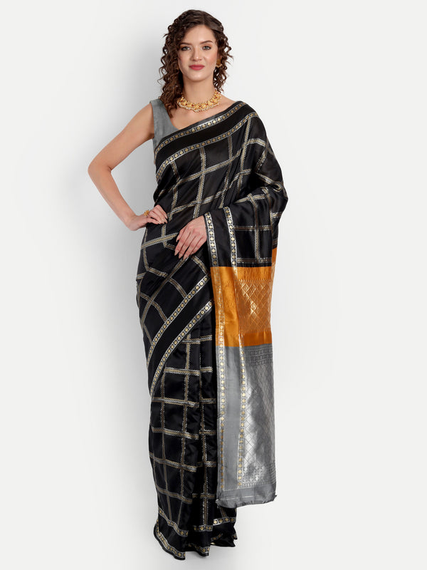 Aspora Women's Banarasi Art Silk with Blouse Piece (Wedding Saree D219_Black Orange Grey)