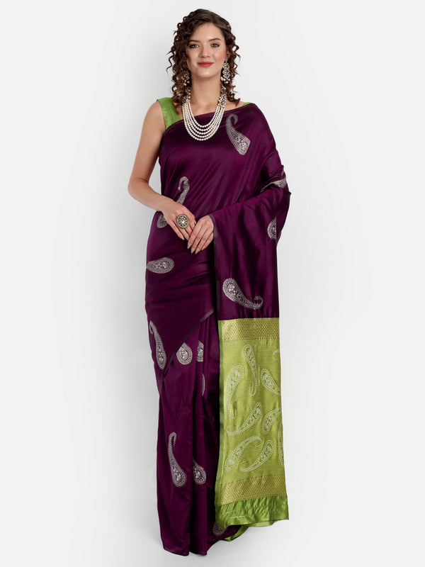 Aspora Women's Banarasi Art Silk with Blouse Piece (Wedding Saree D150_Wine Mehandi)