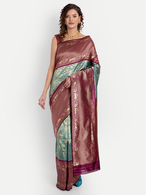 Aspora Women's Banarasi Art Silk with Blouse Piece (Wedding Saree D195_Sky Wine)