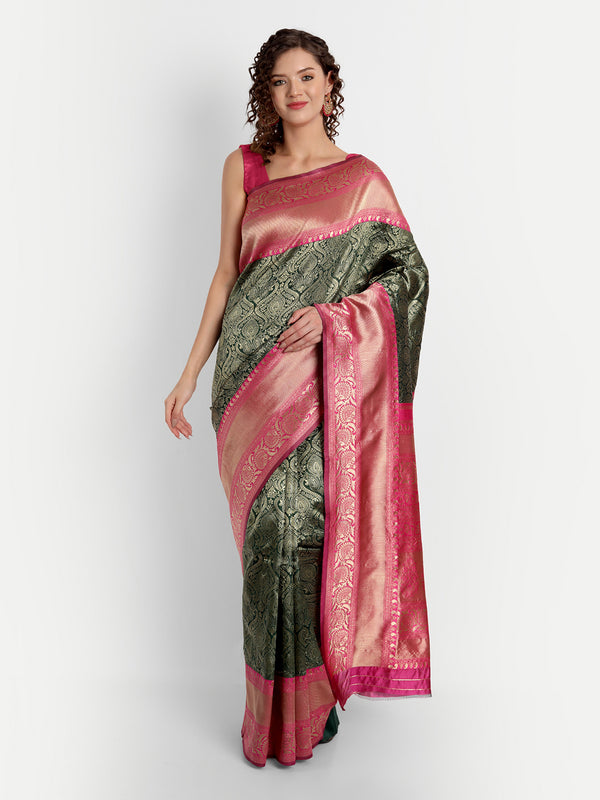 Aspora Women's Banarasi Art Silk with Blouse Piece (Wedding Saree D190_Green Pink)