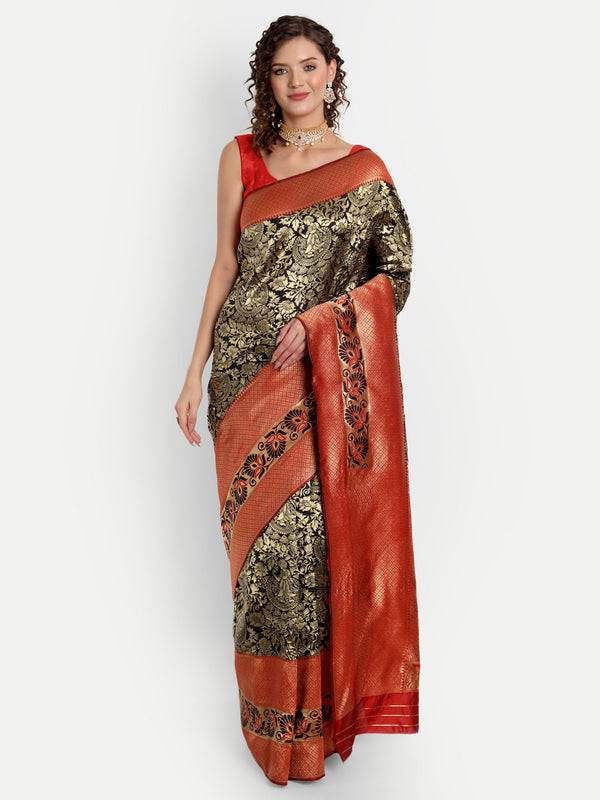 Aspora Women's Banarasi Art Silk with Blouse Piece (Wedding Saree D192_Black Red)