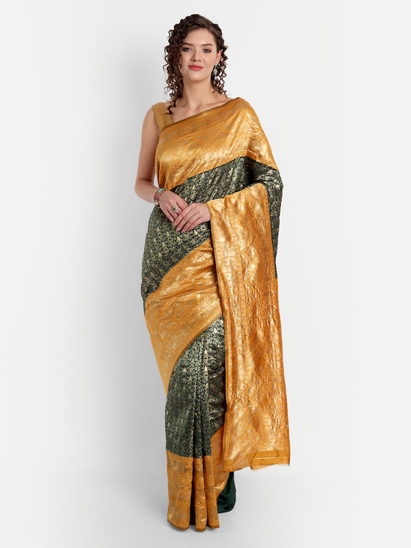 Aspora Women's Banarasi Art Silk with Blouse Piece (Wedding Saree D191_Green Mustard)