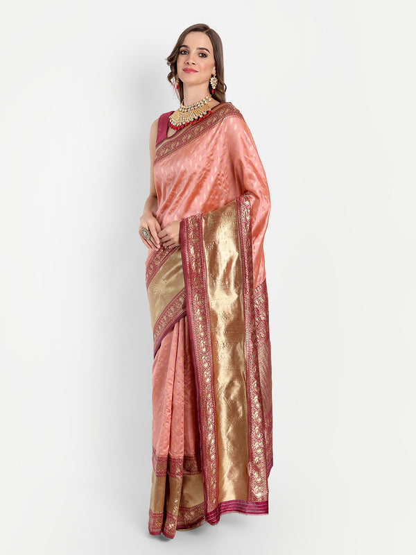 Aspora Women's Banarasi Art Silk with Blouse Piece (Wedding Saree D101_Peach Maroon)