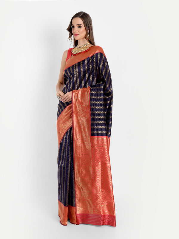 Aspora Women's Banarasi Art Silk with Blouse Piece (Wedding Saree D121_Navy Orange)