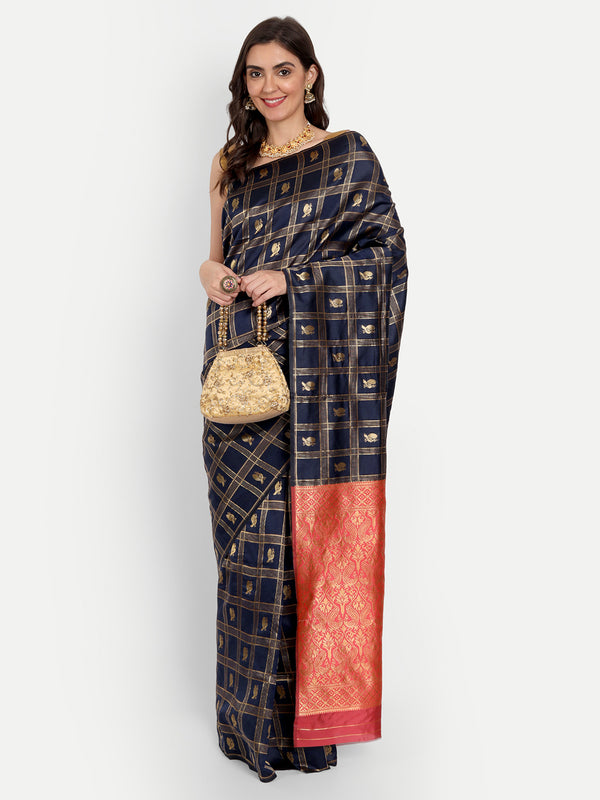 Aspora Women's Banarasi Art Silk with Blouse Piece (Wedding Saree D129_Navy Red)