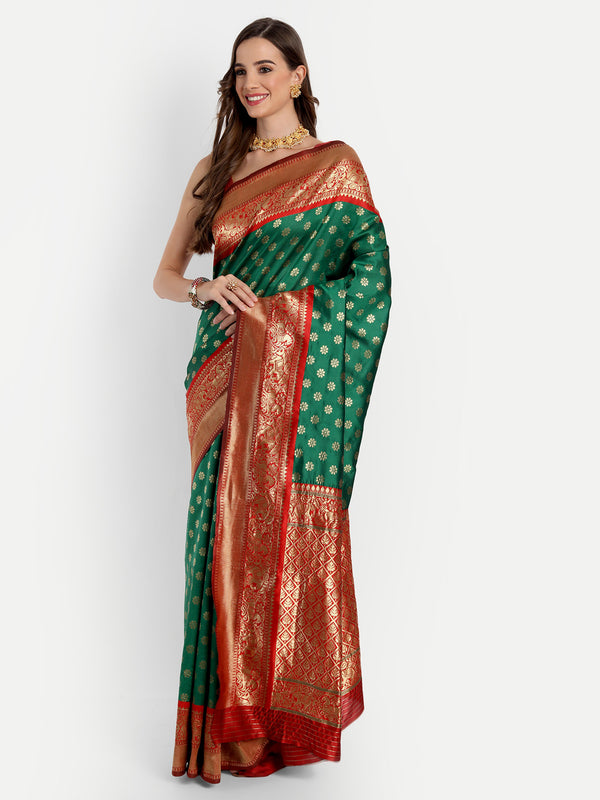 Aspora Women's Banarasi Art Silk with Blouse Piece (Wedding Saree D108_Green Red)