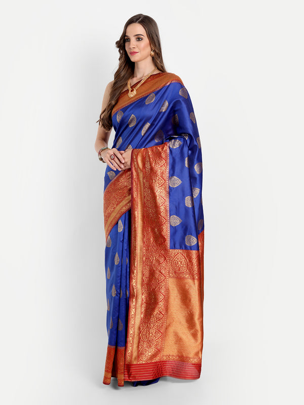 Aspora Women's Banarasi Art Silk with Blouse Piece (Wedding Saree D130_Blue Red)