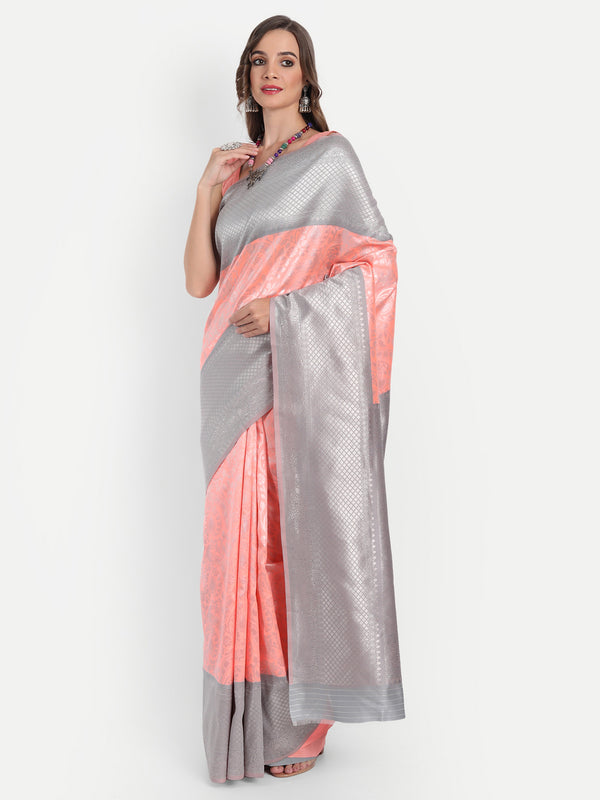 Aspora Women's Banarasi Art Silk with Blouse Piece (Wedding Saree D102_Peach Grey)