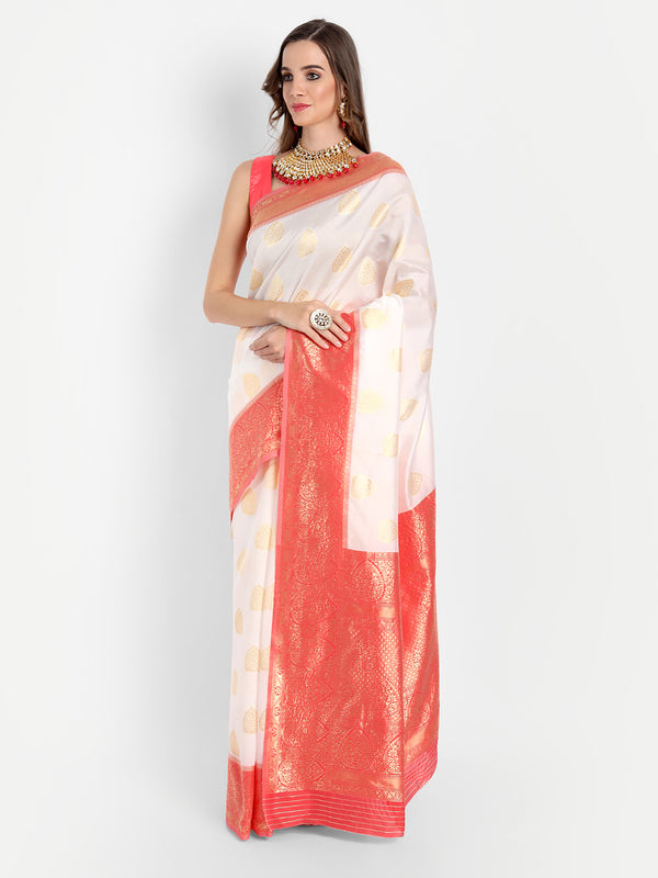 Aspora Women's Banarasi Art Silk with Blouse Piece (Wedding Saree D113_White Orange)