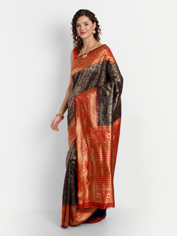 Aspora Women's Banarasi Art Silk with Blouse Piece (Wedding Saree D250_Navy Red)