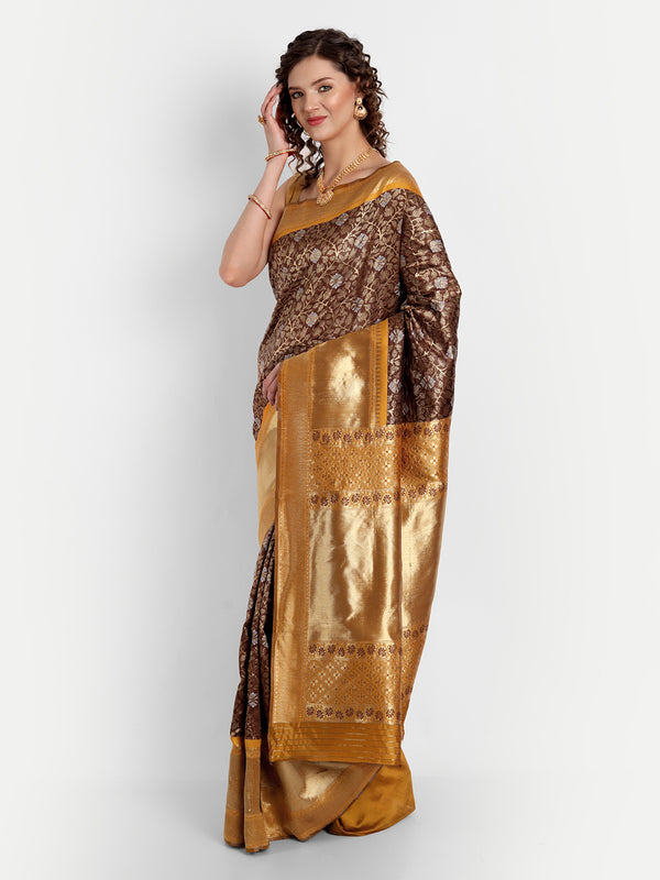 Aspora Women's Banarasi Art Silk with Blouse Piece (Wedding Saree D120_Coffee Gold)