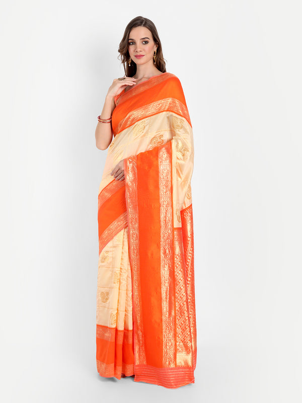 Aspora Women's Banarasi Art Silk with Blouse Piece (Wedding Saree D111_Beige Orange)